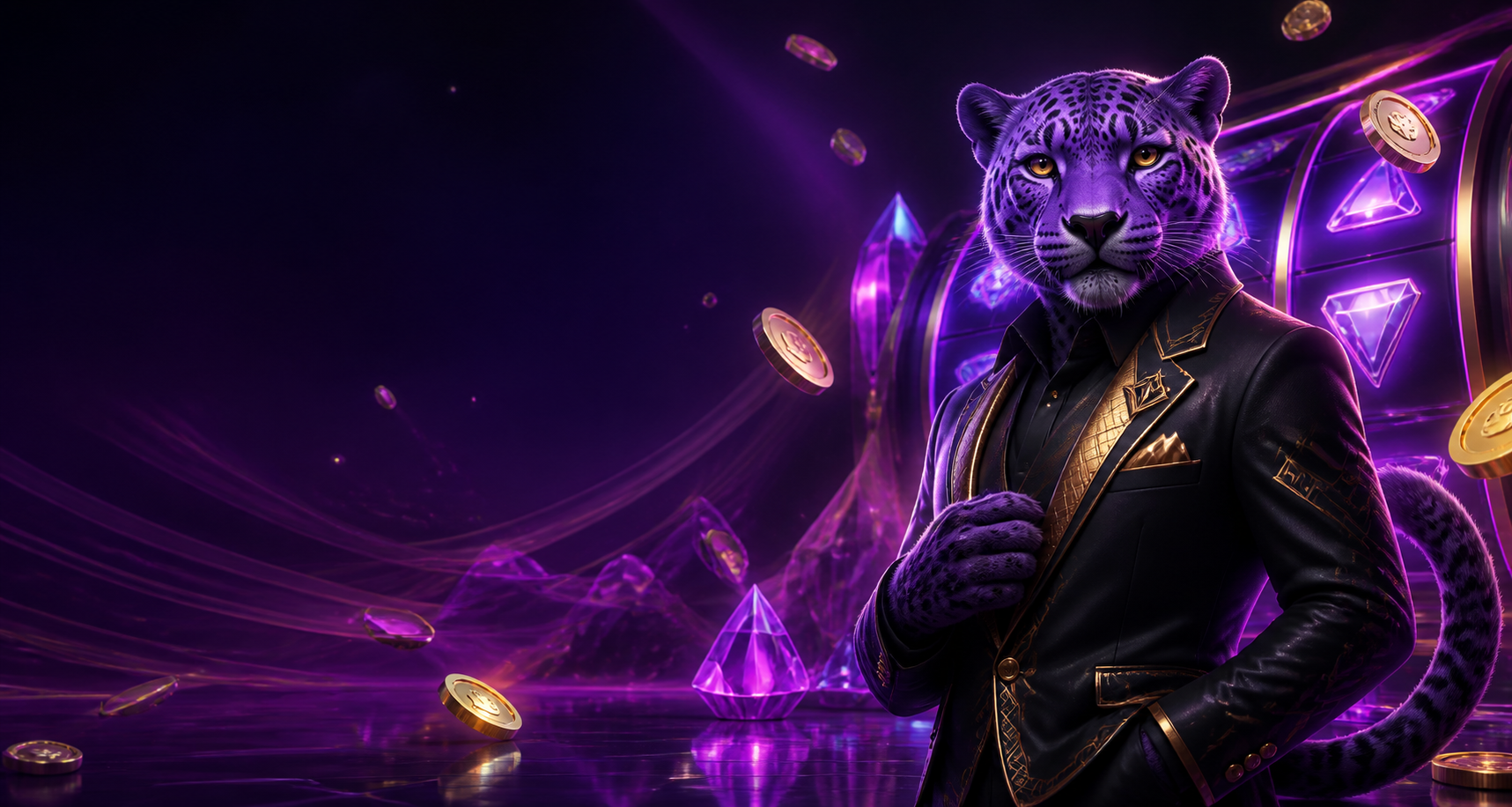 Jaguar violeta original de NOVA PLAY entre cristales y monedas